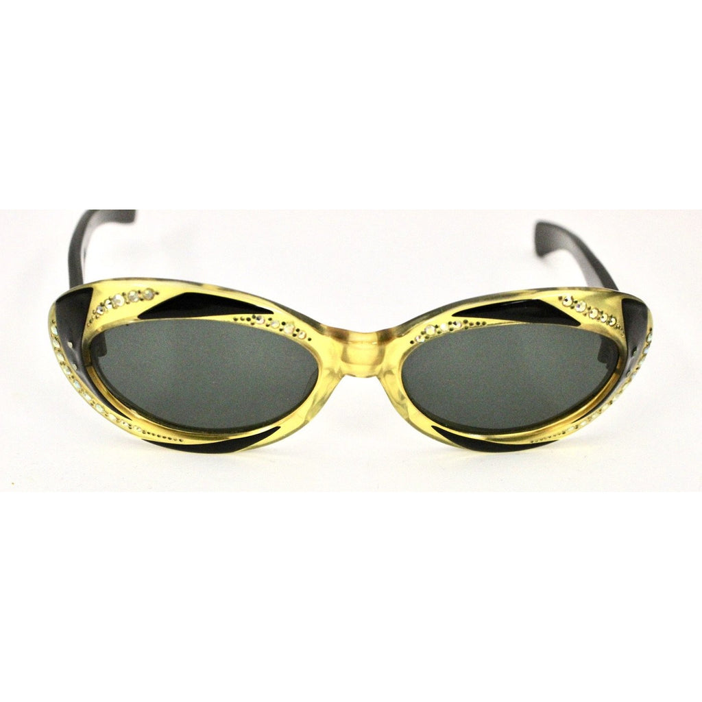 VTG Sunglasses Made In France Oval Cateye Cat Eye 2 Tone Rhinestone 1950-60s The Best Vintage Clothing