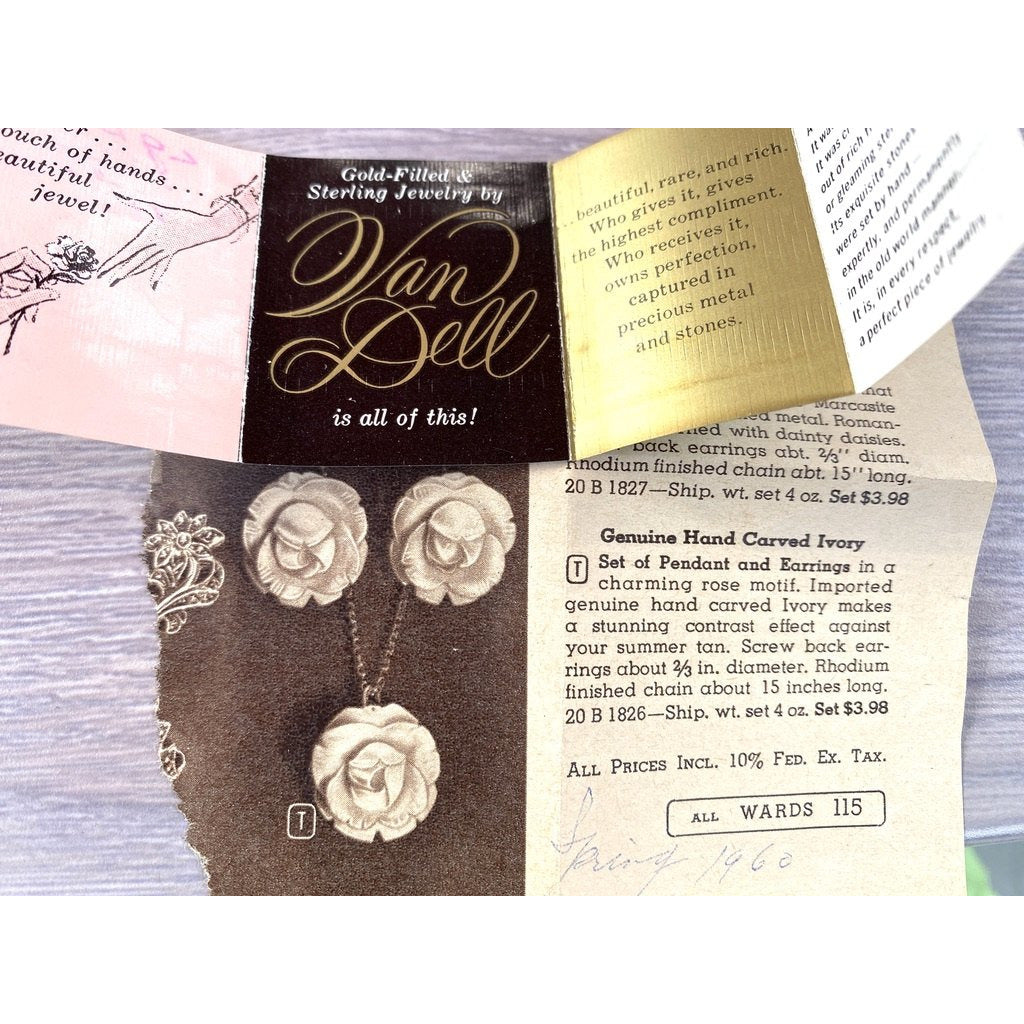 ANTIQUE CARVED ROSE Necklace & Earrings Genuine Natural Ivory 12K GF Van Dell The Best Vintage Clothing