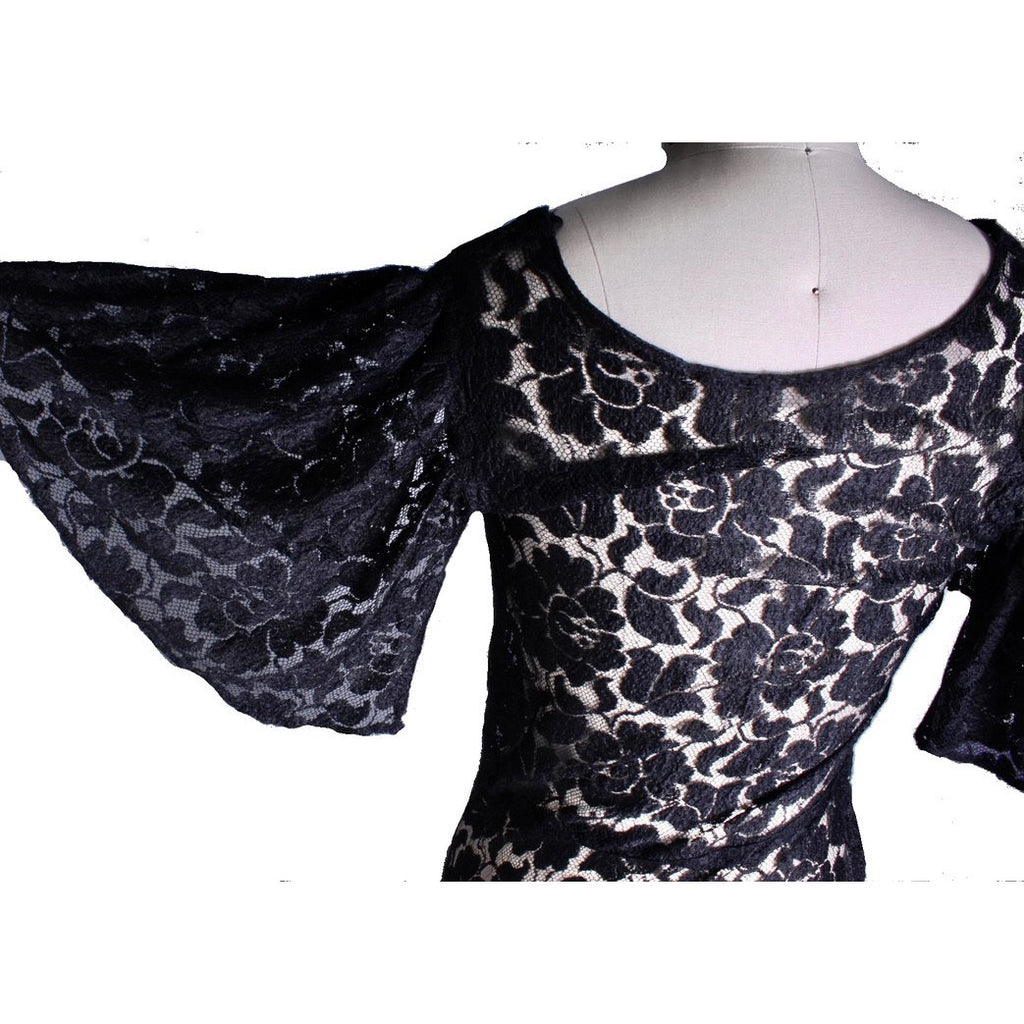 Womens 1930s Antique Vintage Bias Cut Black Lace Gown Flutter Sleeves S/M dress The Best Vintage Clothing