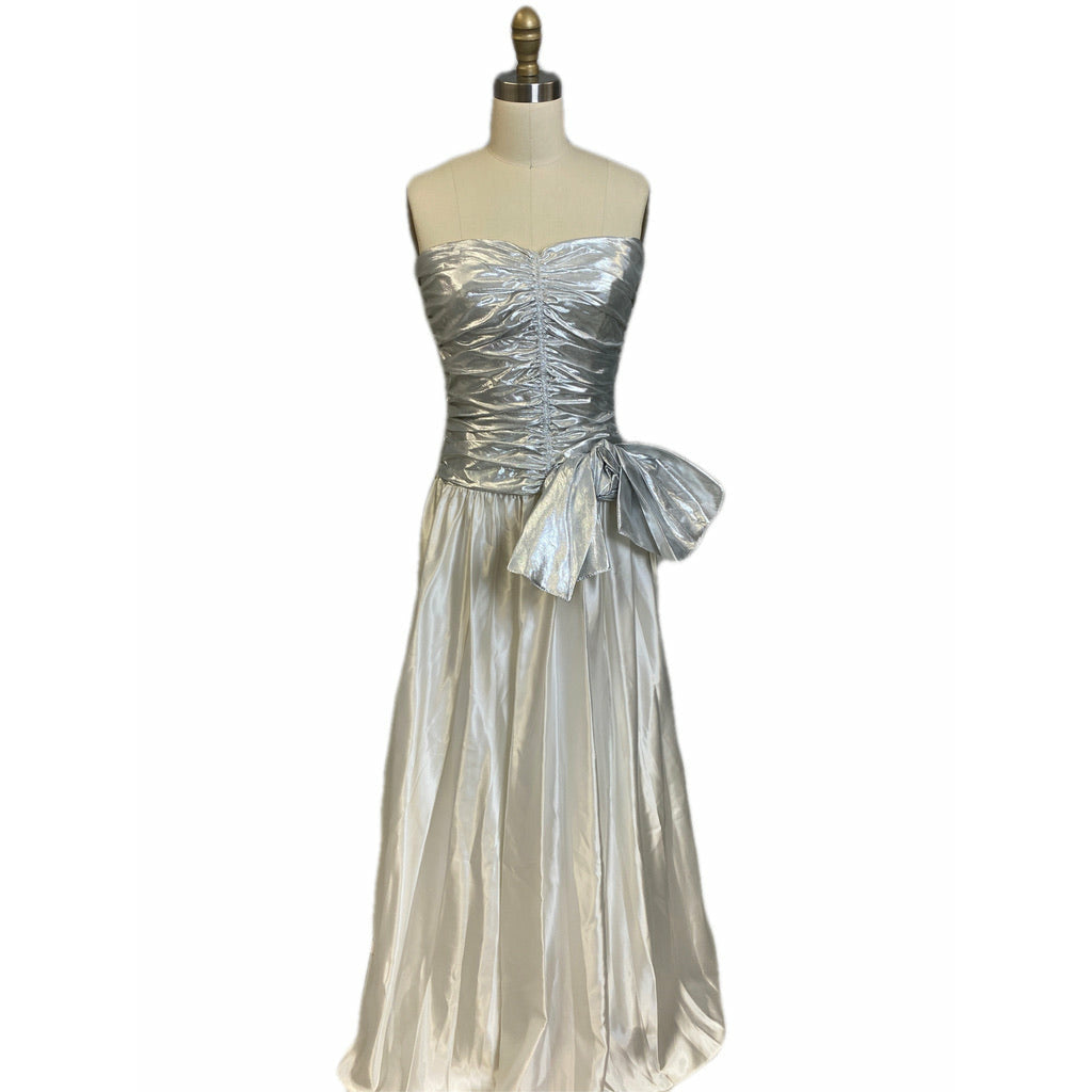 Vtg Nadine 70s Prom Queen Strapless Metallic Silver/White NWT S Maxi Elegant The Best Vintage Clothing