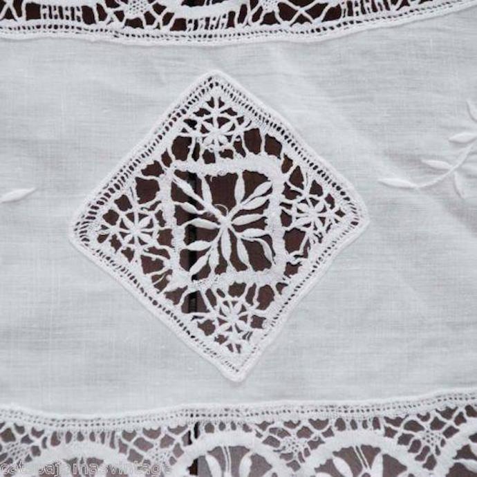 Antique Linen Round Tablecloth Handmade Cluny Bobbin Lace & Whitework Provenance 38" Cart2cart The Best Vintage Clothing