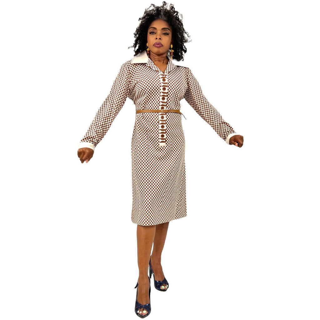 Leslie Fay Knit Mod 1970s Vintage Shirt Dress Tan/White Check Polyester Large NWT The Best Vintage Clothing