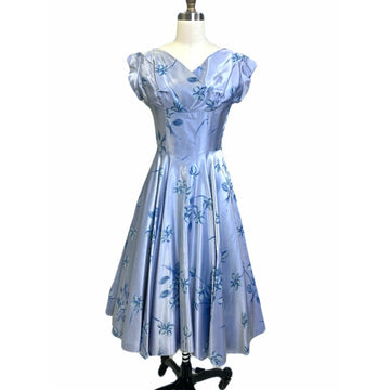 1950's Vintage Blue Floral Satin Dress I Love Lucy Full Skirt Sz S/M Cocktail Dresses The Best Vintage Clothing