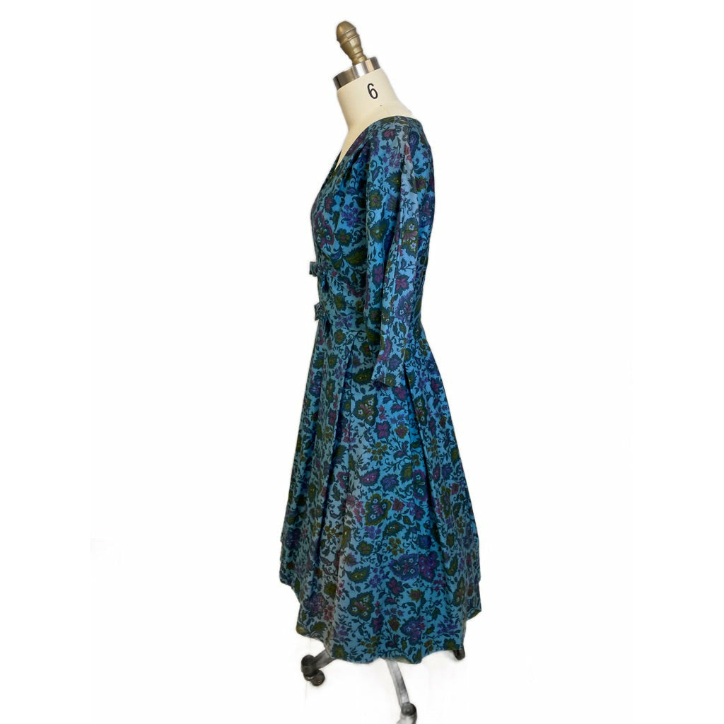 VTG R&K Original Dress 50s Polished Cotton Day/Party Blue Floral M/L Wide Waist Dresses The Best Vintage Clothing