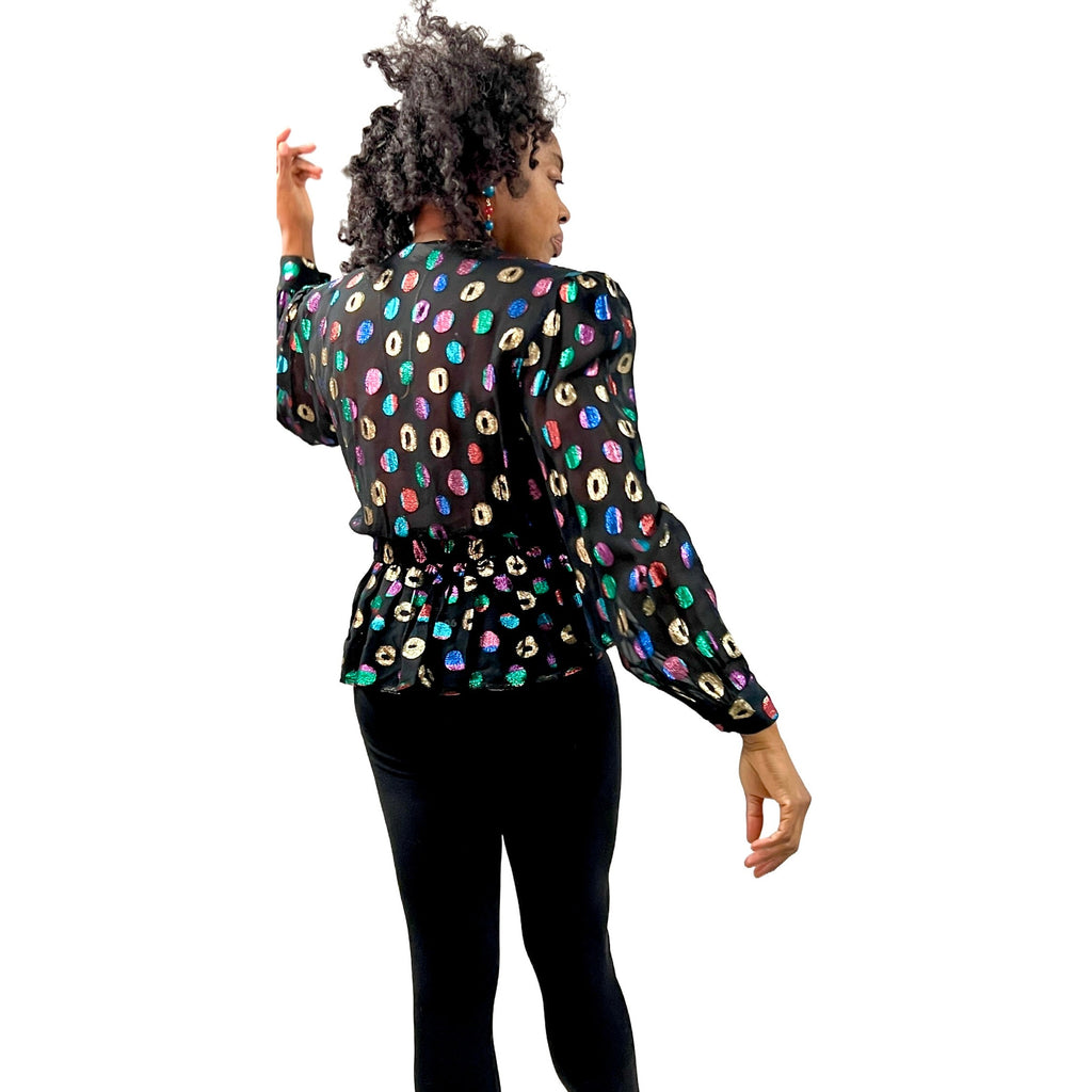 Lloyd Williams Blouse 80s Black /Metallic colorful Rayon Polka Dots Sz M/L vintage blouse The Best Vintage Clothing