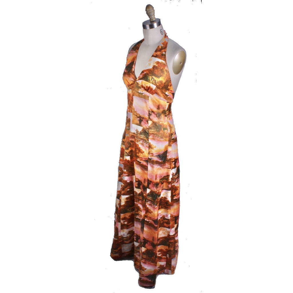 Vtg Womens 70s Halter Maxi Dress Photo Print Pink Orange Disco S Acetate New Arrivals The Best Vintage Clothing