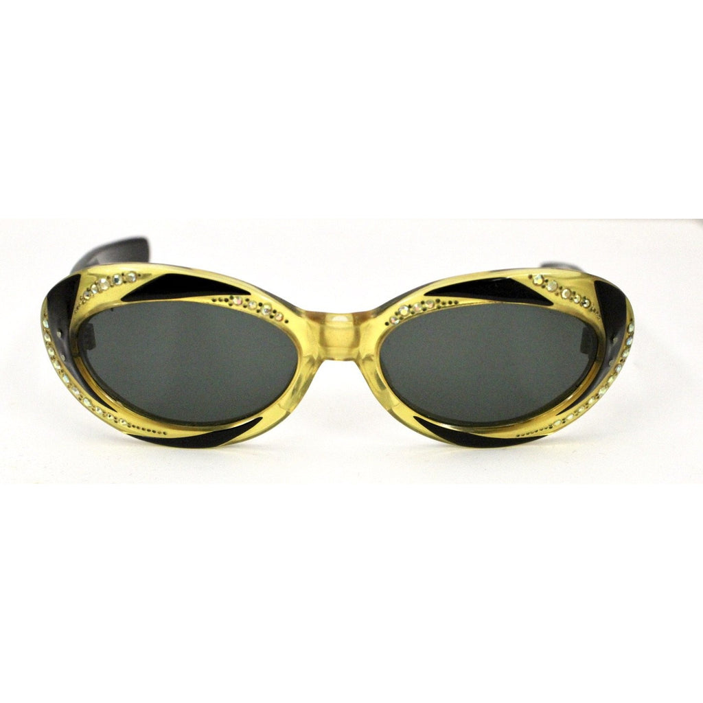 VTG Sunglasses Made In France Oval Cateye Cat Eye 2 Tone Rhinestone 1950-60s The Best Vintage Clothing