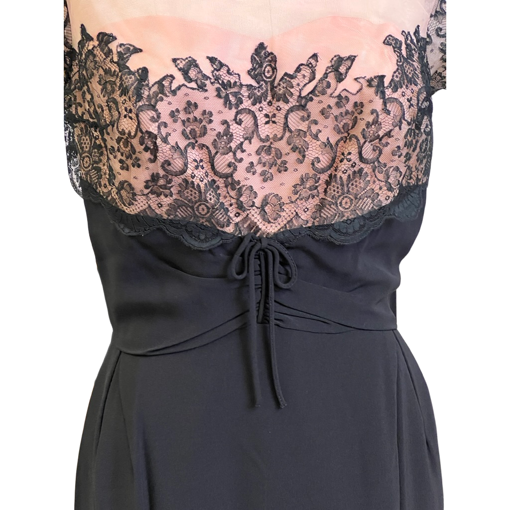 Vintage Black /Pink Rayon & Lace Cocktail Hobble Dress Wiggle Train 1950s 40-30-43 Women's The Best Vintage Clothing
