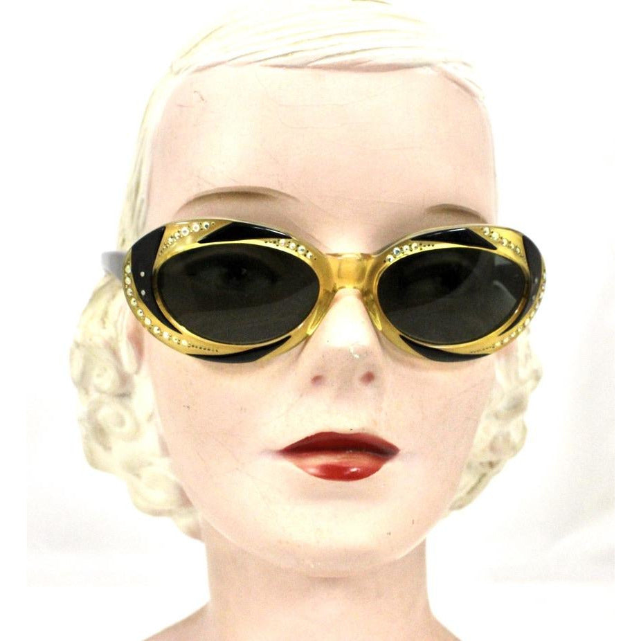 VTG Sunglasses Made In France Oval Cateye Cat Eye 2 Tone Rhinestone 1950-60s The Best Vintage Clothing