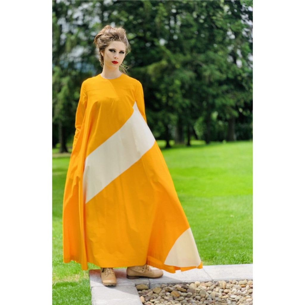 Vintage ”Metsä” Vuokko Nurmesniemi Womens Tent Dress 70s M EU42 Yellow White Stripe Cotton marimekko The Best Vintage Clothing