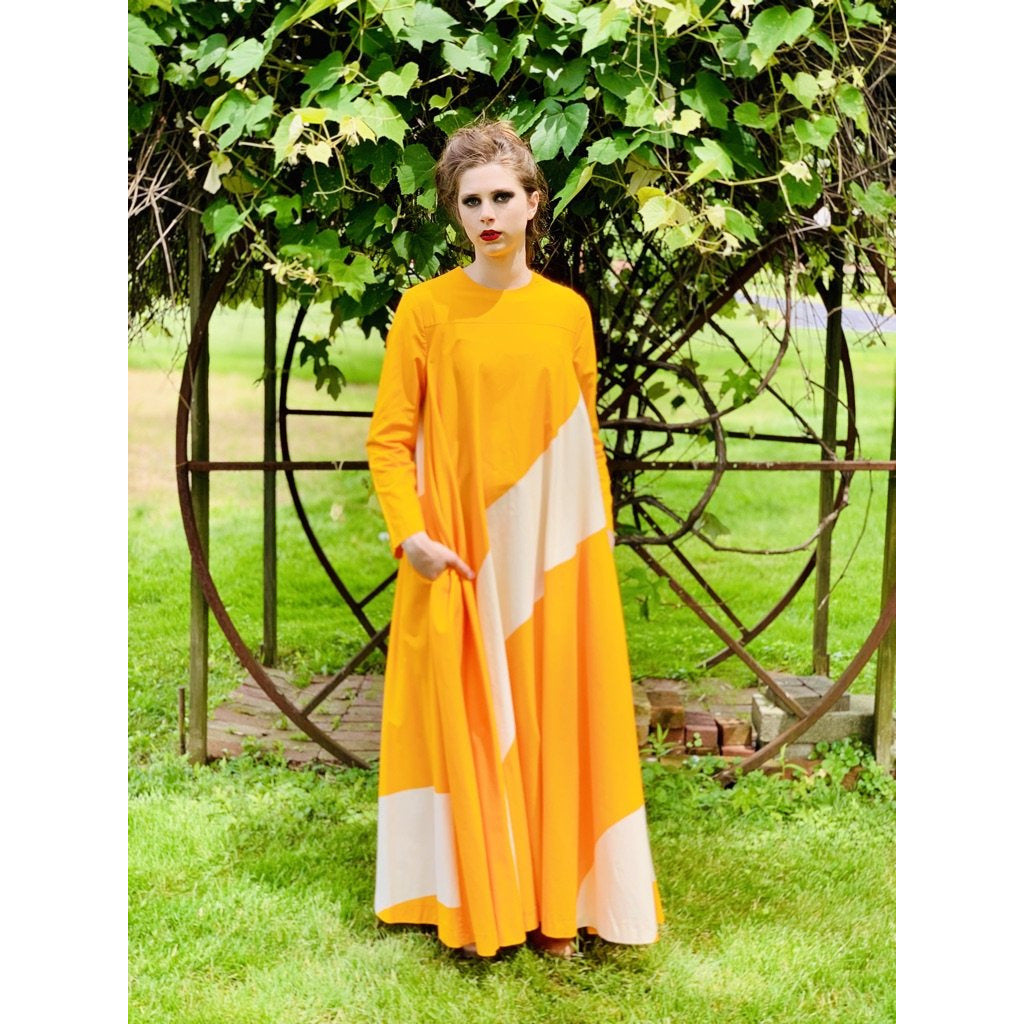 Vintage ”Metsä” Vuokko Nurmesniemi Womens Tent Dress 70s M EU42 Yellow White Stripe Cotton marimekko The Best Vintage Clothing