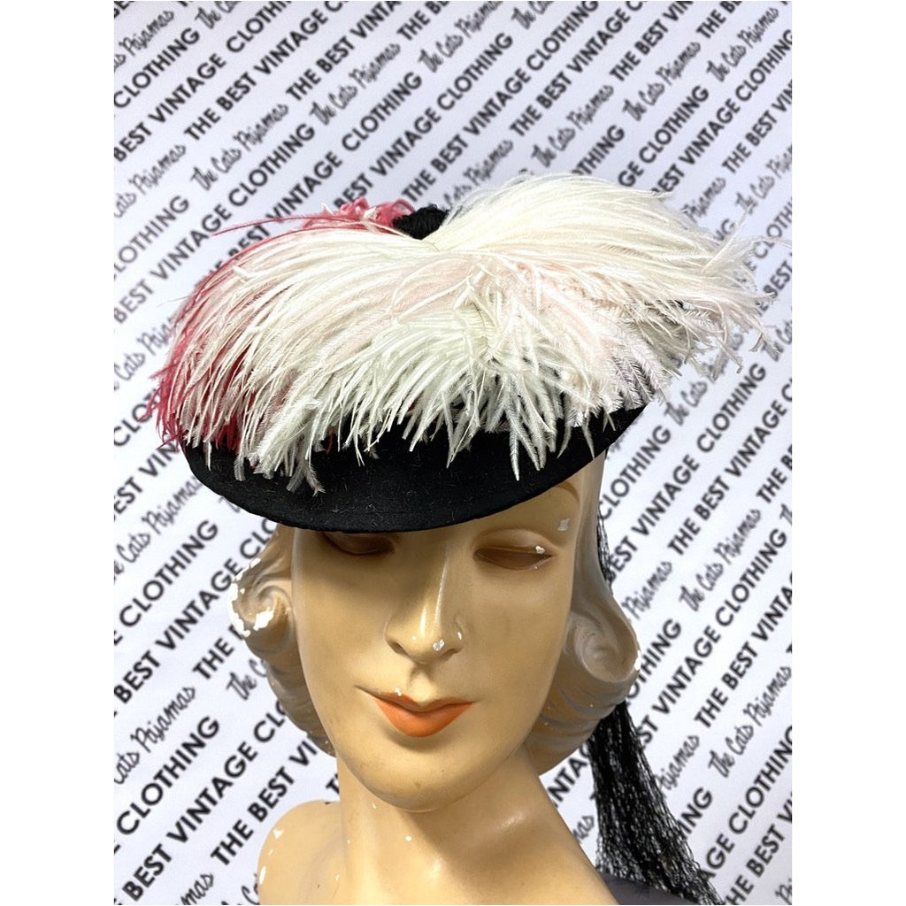 VTG Hattie Carnegie Hat Fascinator Pink White Feathers 1940s Doll Hat O/S The Best Vintage Clothing