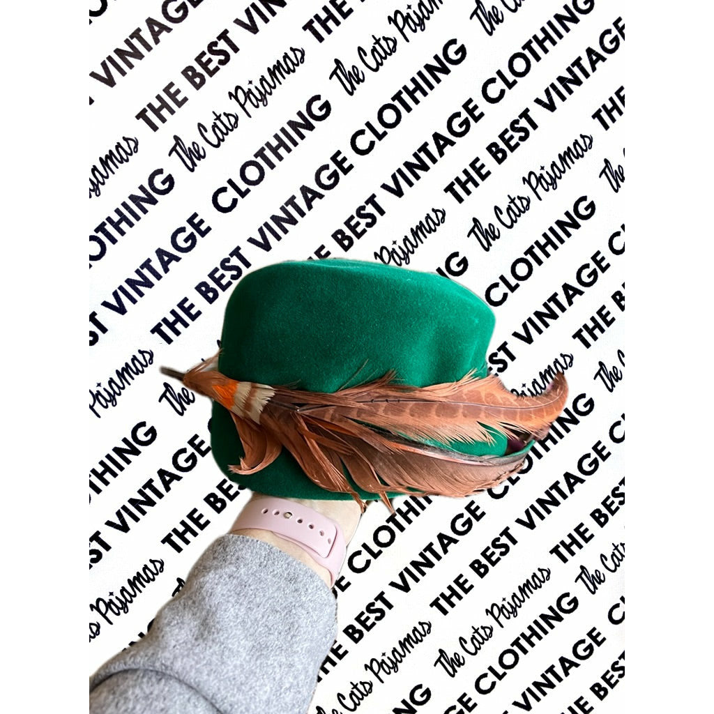 Vintage Lazarus Bucket Hat 50s Emerald Green Velour Sweeping Feather Church O/S Hats The Best Vintage Clothing