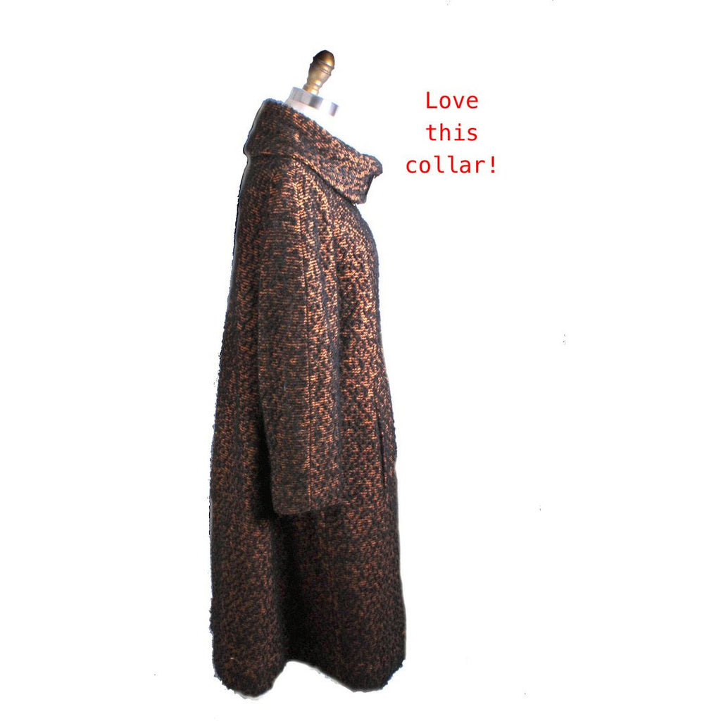 Vintage 1950s Retro Swing Coat Brown/Black Boucle M/L Womens Big Collar The Best Vintage Clothing