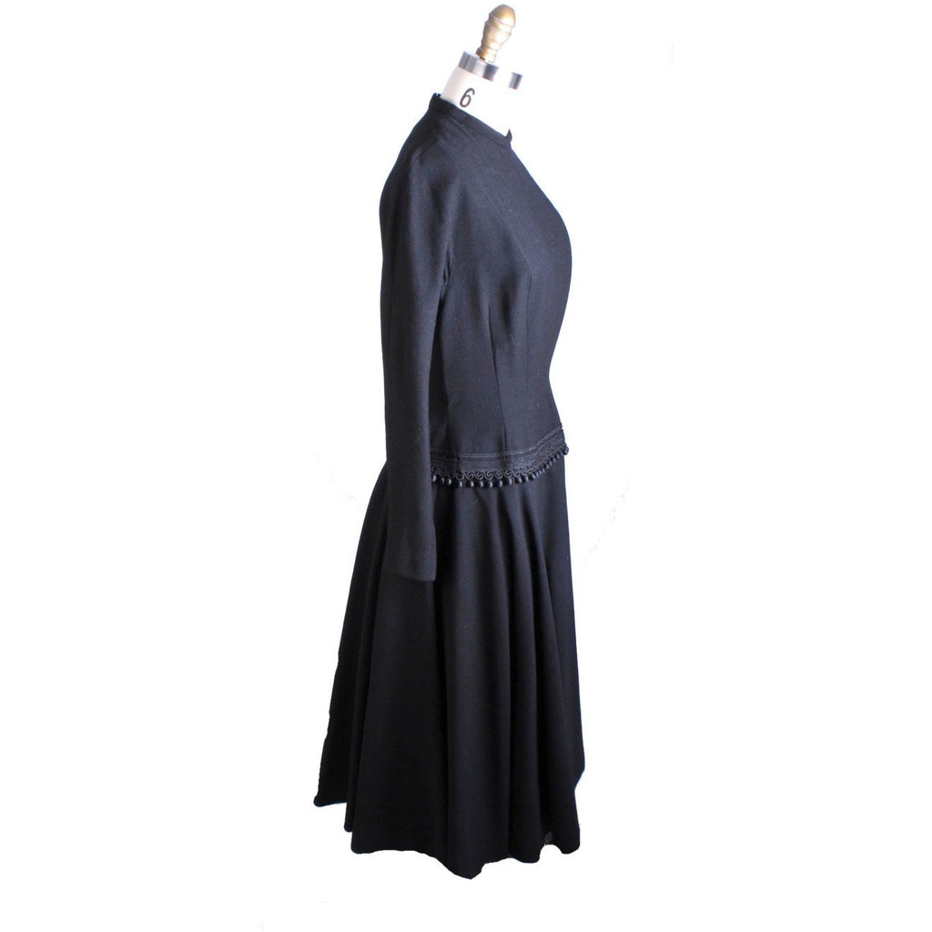 VTG Black Late 1940s Dress With Corde Ball Fringe Hip Detail LBD Wool New Look Womens S/M Dress The Best Vintage Clothing