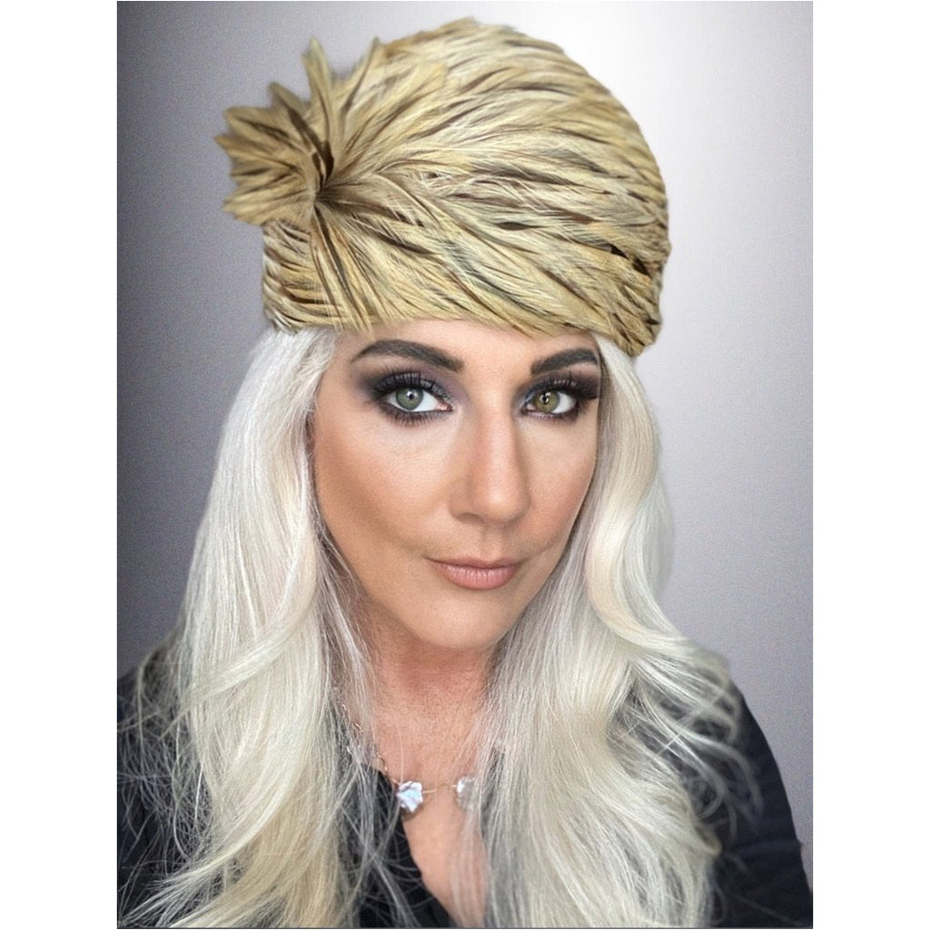 Vintage Ladies Feather Hat w/ Spray 1950s Light Brown & Gold Jacki Hats The Best Vintage Clothing