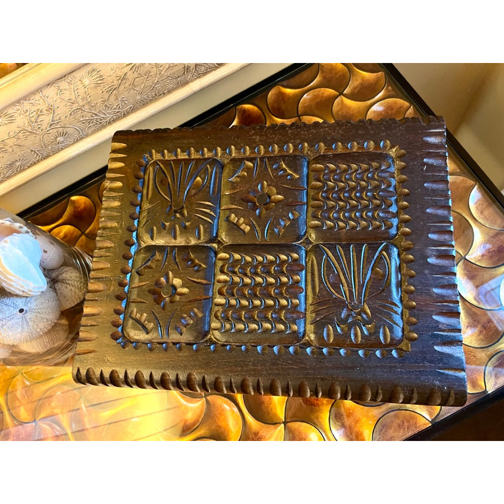 VTG Bohemian Wood Hand Carved Trinket Jewelry Box Cat/ Design 12"x10" Dark Wood Cart2cart The Best Vintage Clothing