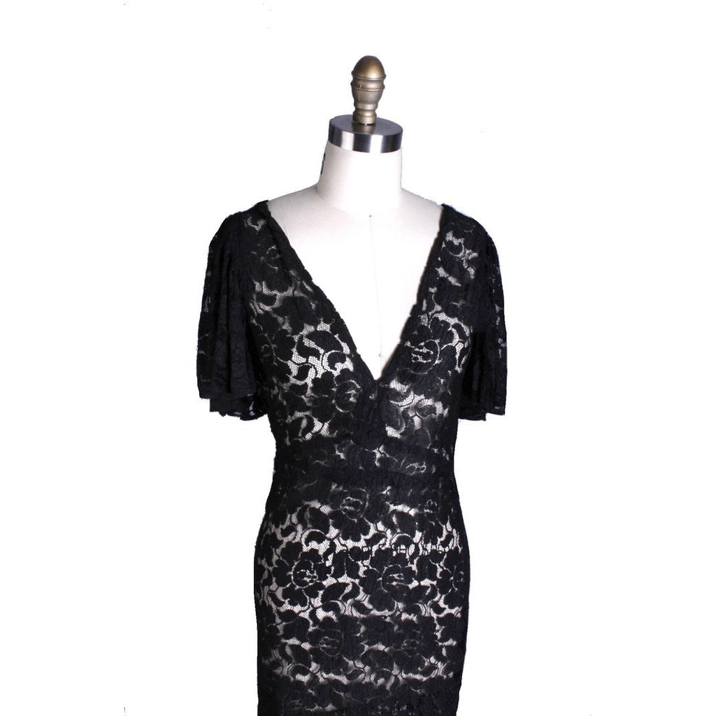 Womens 1930s Antique Vintage Bias Cut Black Lace Gown Flutter Sleeves S/M dress The Best Vintage Clothing