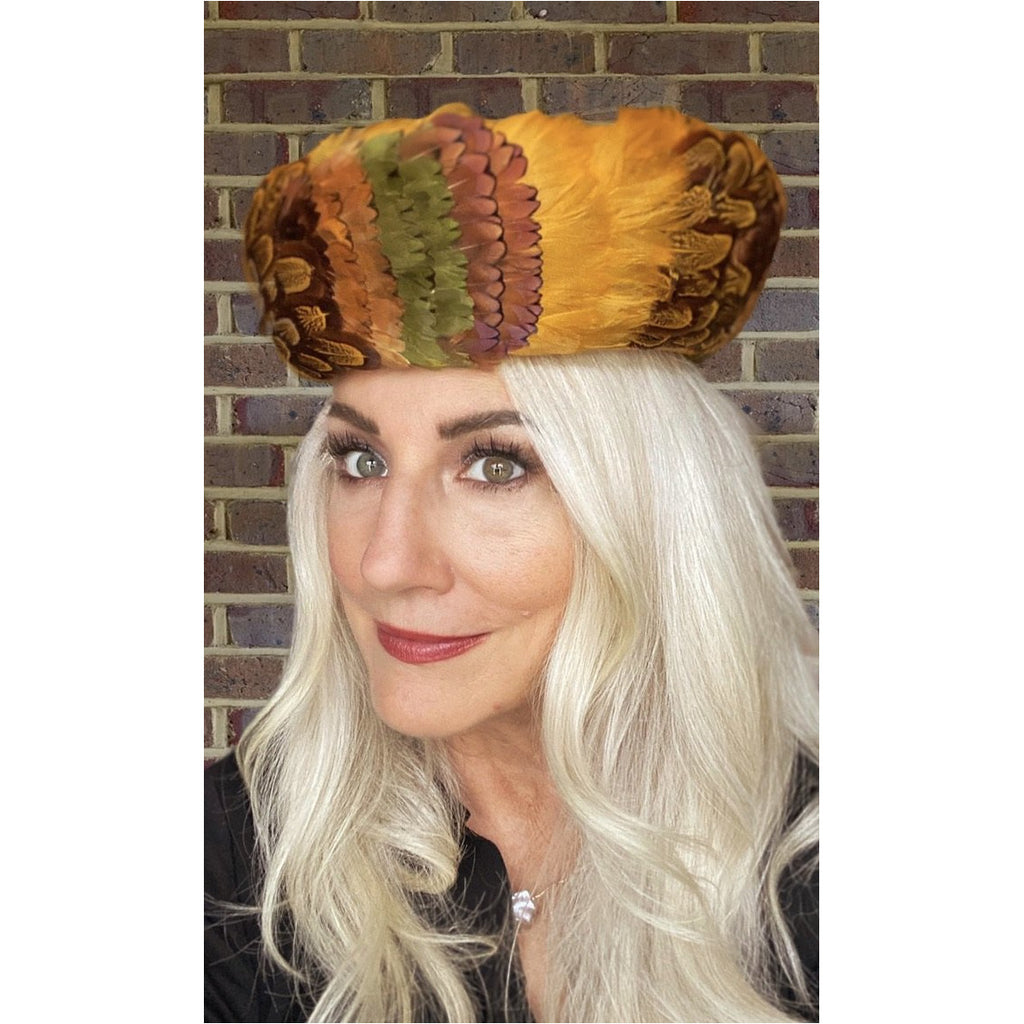 Vintage Womens Feather Pheasant Hat Stunning Gold Breton 21" 1950s Marvelous Maisel The Best Vintage Clothing