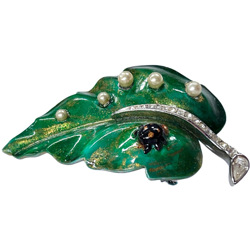 Rare Alfred Philippe Vintage Signed Trifari Turning Leaf Green Brooch 1950s w/ Ladybug Cart2cart Trifari