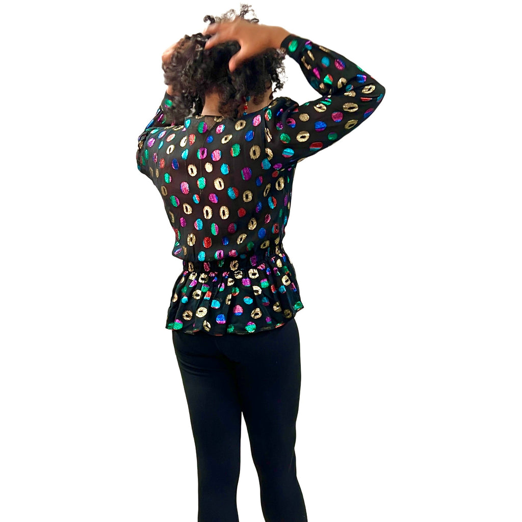 Lloyd Williams Blouse 80s Black /Metallic colorful Rayon Polka Dots Sz M/L vintage blouse The Best Vintage Clothing