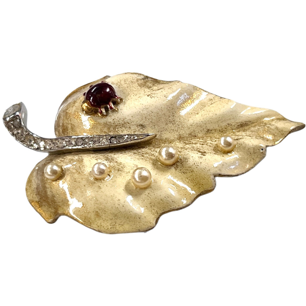 Rare Vintage Signed Alfred Philippe Trifari Leaf Ivory Brooch 1950s w/ Ladybug Cart2cart Trifari