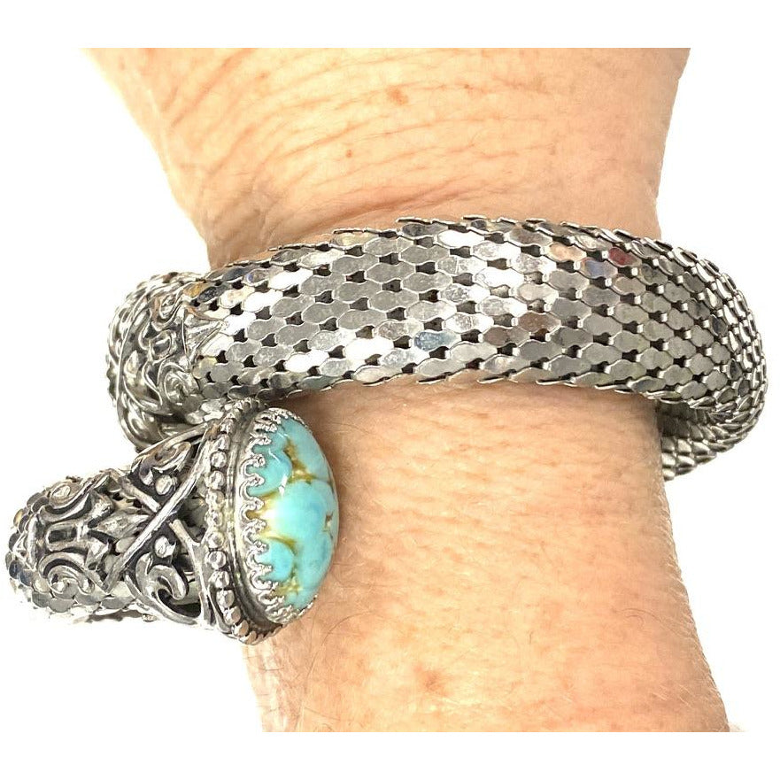 Vintage Whiting & Davis Vintage Coil Silver Mesh Bracelet w/Cabochon Czech Glass Stone Jewelry The Best Vintage Clothing
