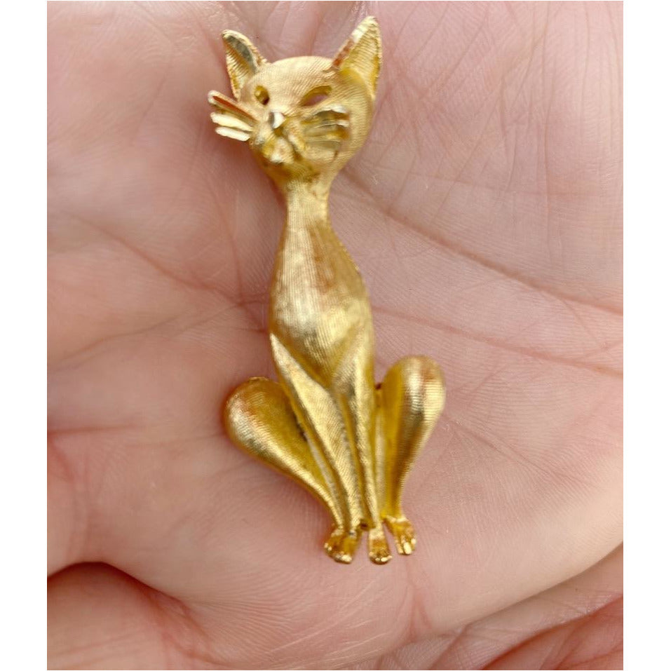 Vintage Gold Tone Cool Siamese Cat Brooch BSK 1960s On Sale BSK