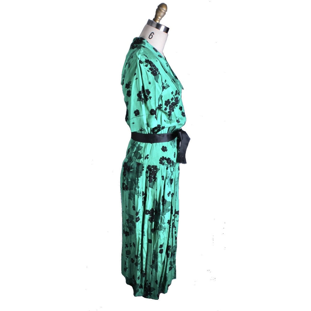 Vintage 1980s Dress Green Black Print Rayon 40s Look Womens Sz S Hip Drape dresses The Best Vintage Clothing