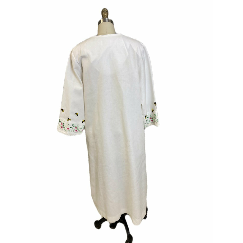 Vintage Flo Weinberg "Bees" Zip Up Robe 1970s M/L White Poly Cotton Robes The Best Vintage Clothing