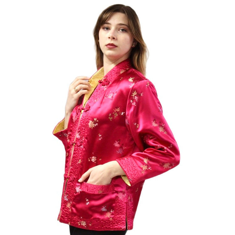 Vintage Pink/Yellow Satin Reversible Damask Jacket 1950s S/M Japan coat The Best Vintage Clothing
