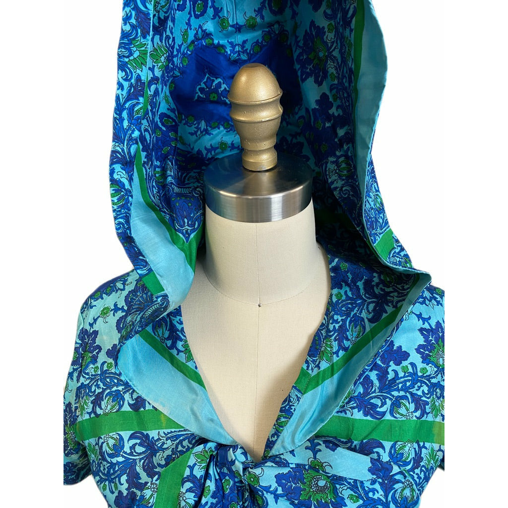 VTG Arkay Silk Dress 50s Hooded Unique Blue Floral Border S Day Dress Zip Front Dresses The Best Vintage Clothing