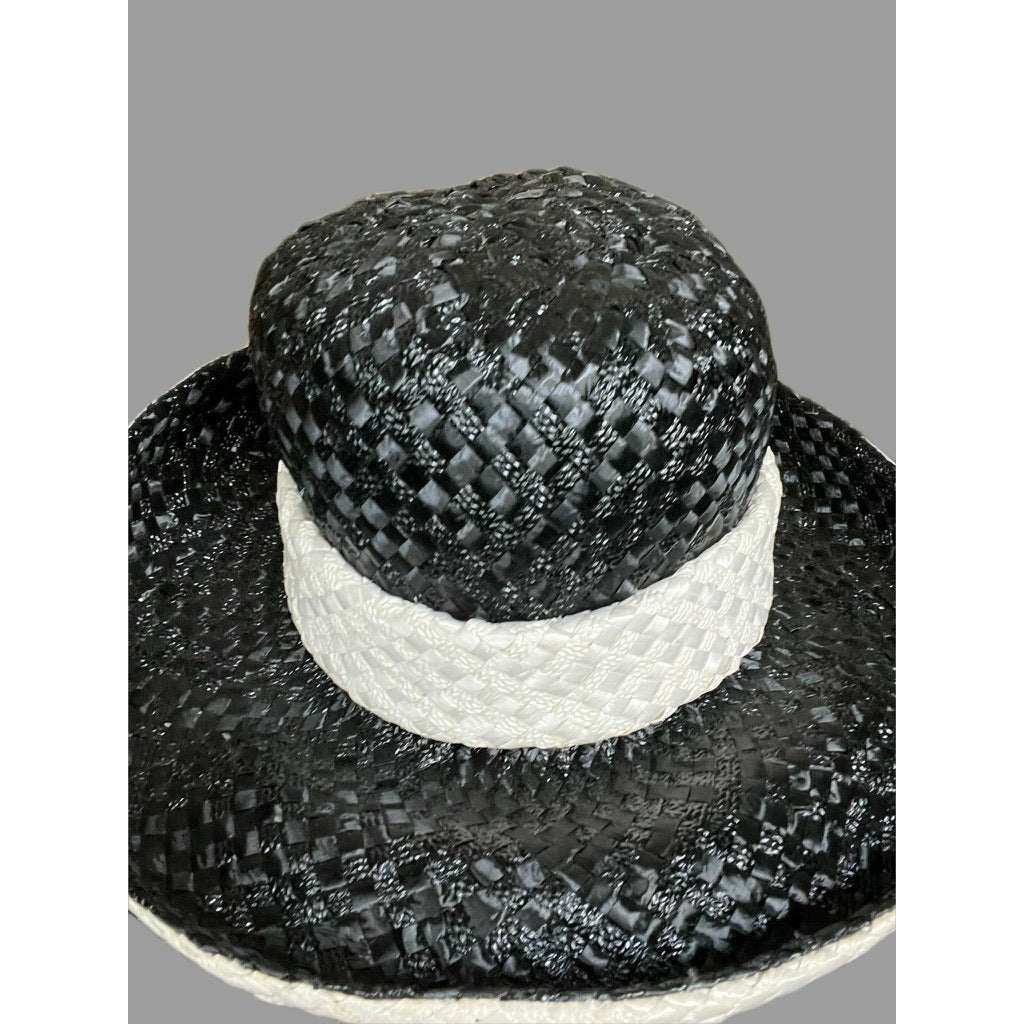 Vintage Mr. John Jr Wide Brimmed Tall Hat Black/ White Straw Church Derby Hats The Best Vintage Clothing