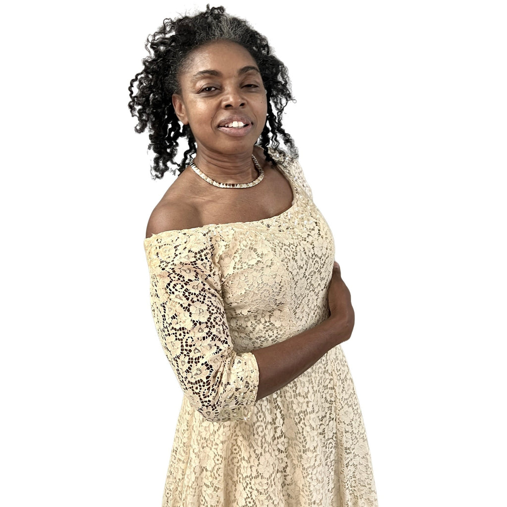 1950s Ivory Cotton Lace Gown Party / Wedding XS Circle Skirt Off Shoulder Sparkly The Best Vintage Clothing