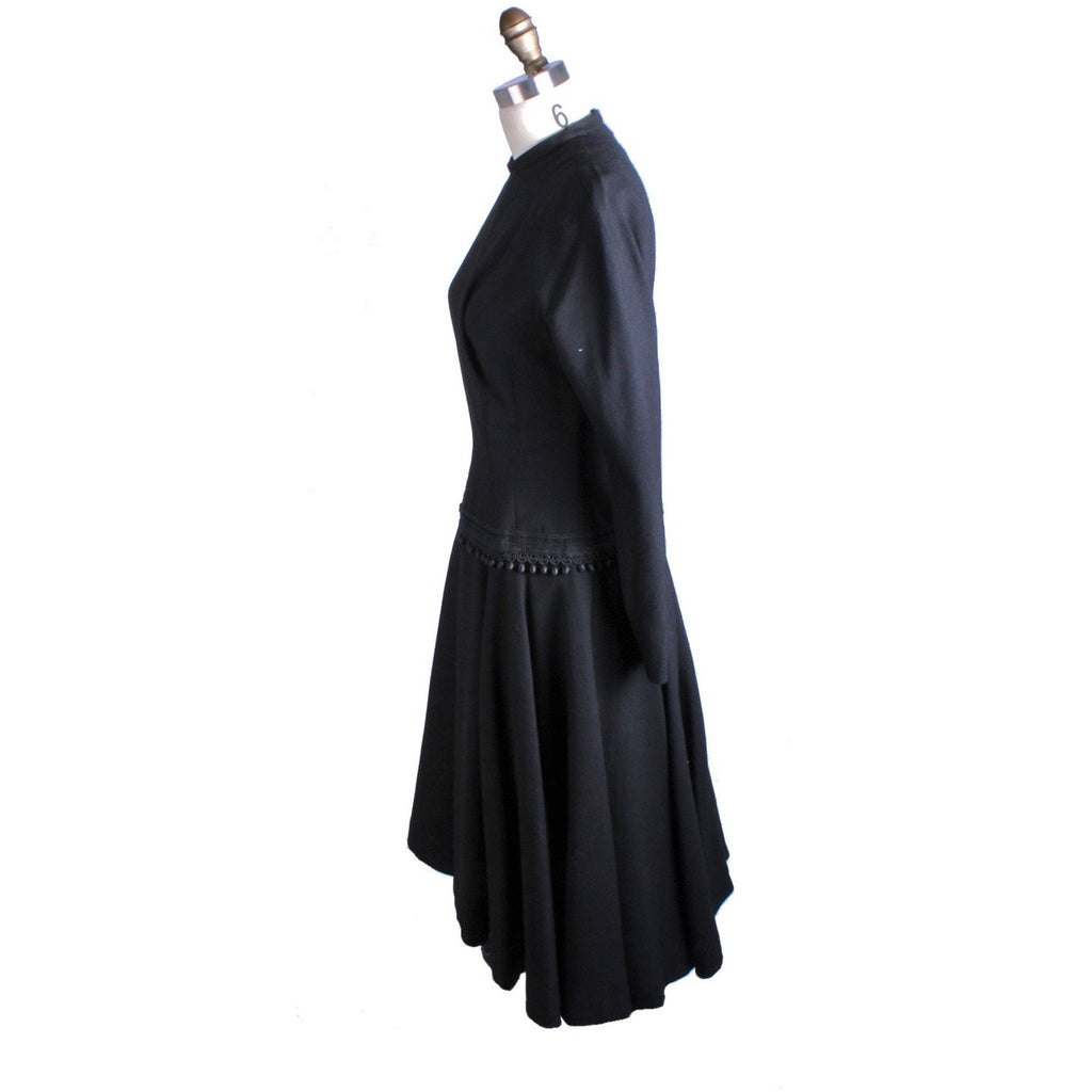 VTG Black Late 1940s Dress With Corde Ball Fringe Hip Detail LBD Wool New Look Womens S/M Dress The Best Vintage Clothing