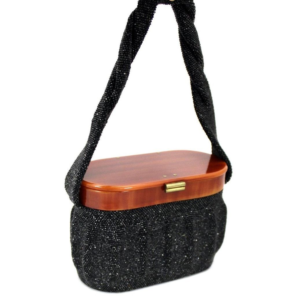 Vintage Box Purse Black Glass Beaded Bag 1940S Womens Butterscotch Bakelite Top Handbags The Best Vintage Clothing