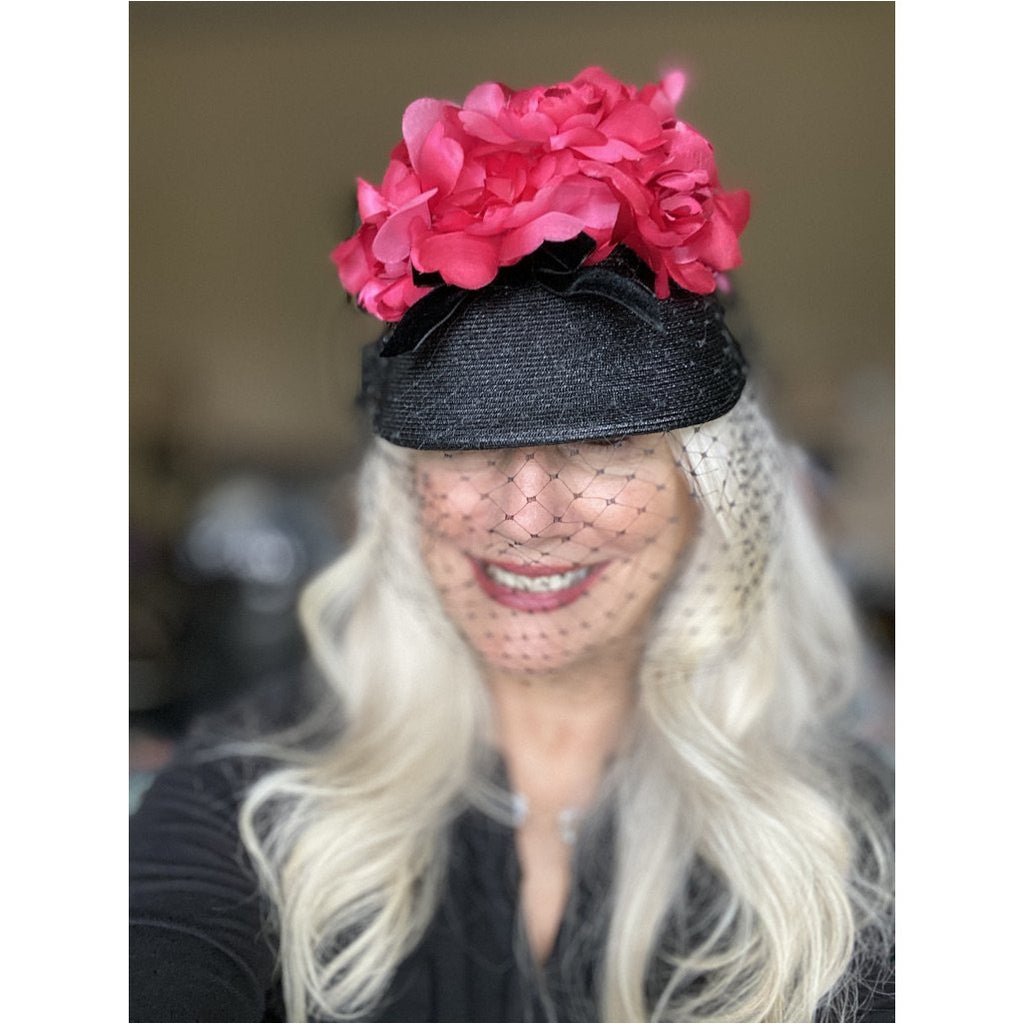 Vintage Ladies Bucket Hat Black Straw w/ Red Silk Flower Crown 1940s Hats,New Arrivals The Best Vintage Clothing