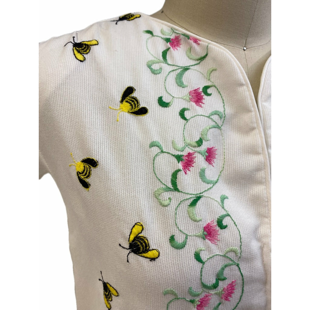 Vintage Flo Weinberg "Bees" Zip Up Robe 1970s M/L White Poly Cotton Robes The Best Vintage Clothing
