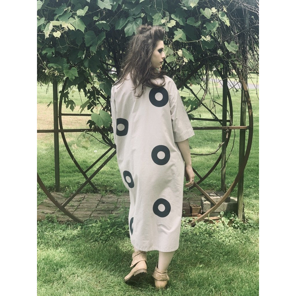 Vintage Mod 1970s Iconic Vuokko Beige / Gray Circles Geometric Print Coat Dress Sz S marimekko The Best Vintage Clothing