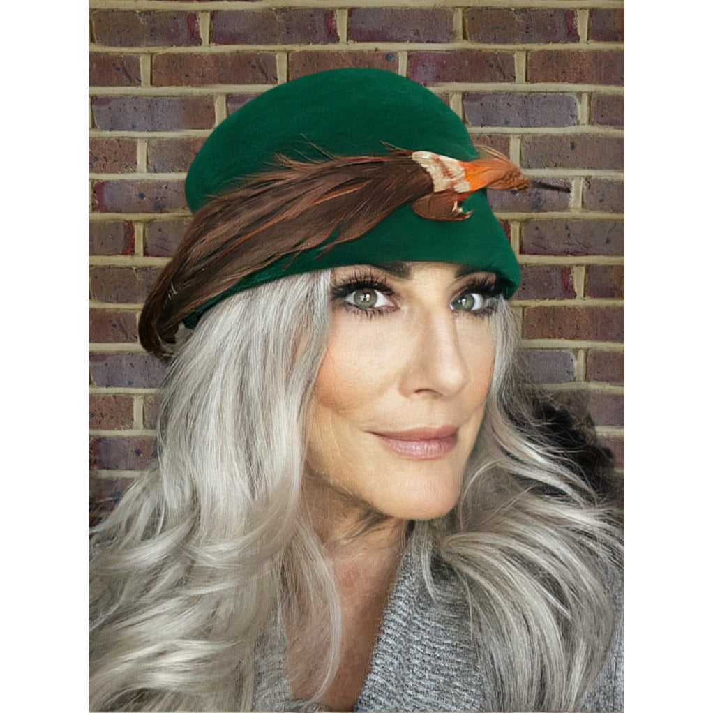 Vintage Lazarus Bucket Hat 50s Emerald Green Velour Sweeping Feather Church O/S Hats The Best Vintage Clothing