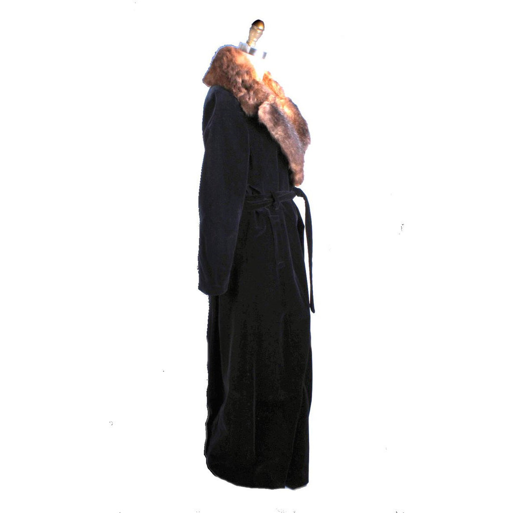1970s Womens Maxi Coat Black Cotton Velvet Wrap Fur Trim M/L Super 70s The Best Vintage Clothing