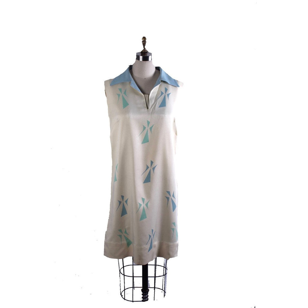 VTG Tummey Hand Block Printed 1970s Dress Shift Hippie womens M Blue The Best Vintage Clothing