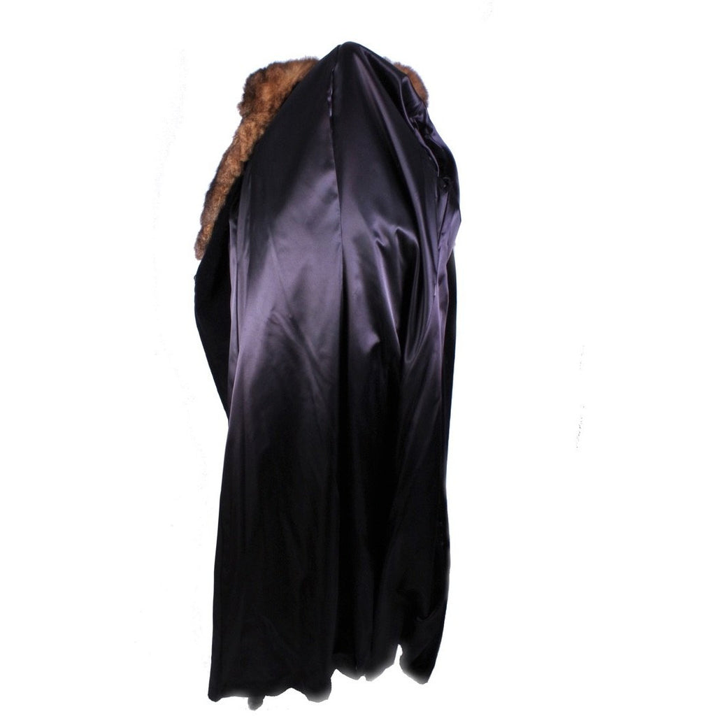 1970s Womens Maxi Coat Black Cotton Velvet Wrap Fur Trim M/L Super 70s The Best Vintage Clothing