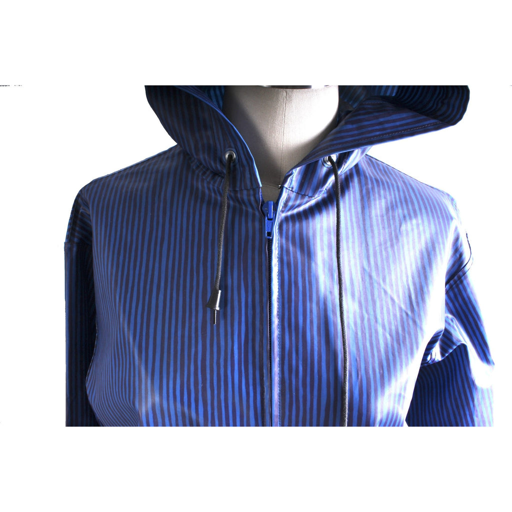 Rare Marimekko Varvunraita Vuokko Design 60s Raincoat Hooded Blue & Navy Stripe Print M 10 38 Zip Up marimekko The Best Vintage Clothing