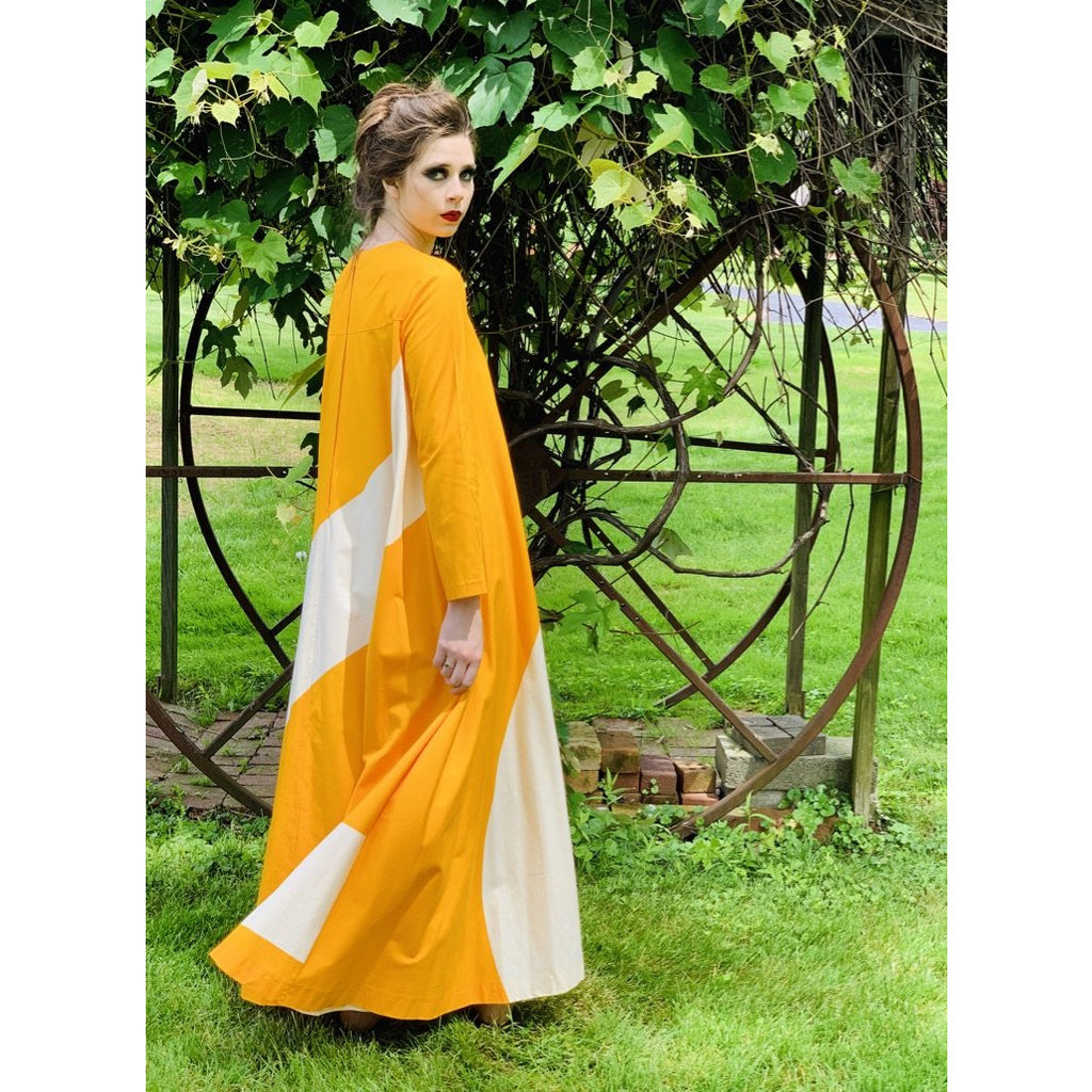 Vintage ”Metsä” Vuokko Nurmesniemi Womens Tent Dress 70s M EU42 Yellow White Stripe Cotton marimekko The Best Vintage Clothing