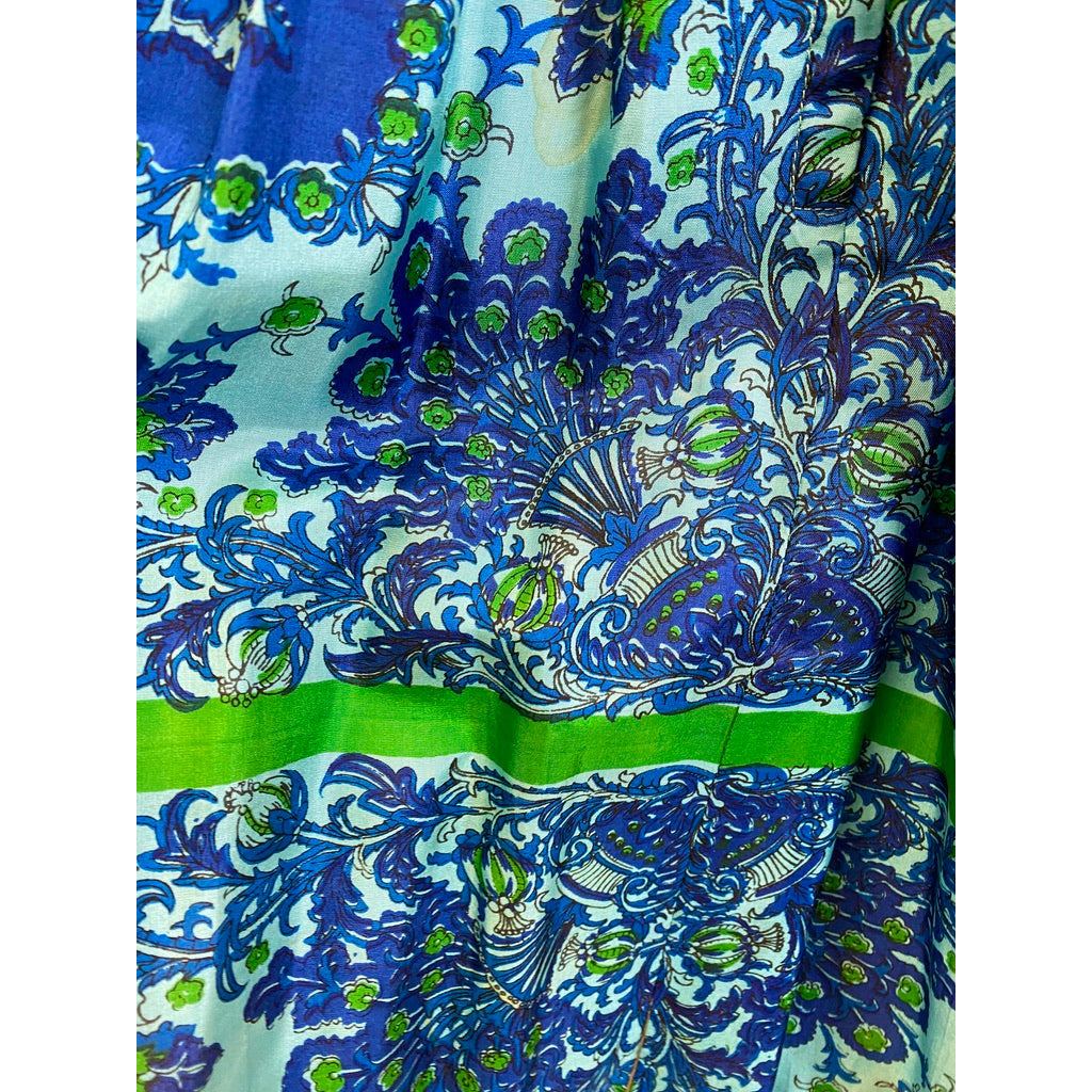 VTG Arkay Silk Dress 50s Hooded Unique Blue Floral Border S Day Dress Zip Front Dresses The Best Vintage Clothing