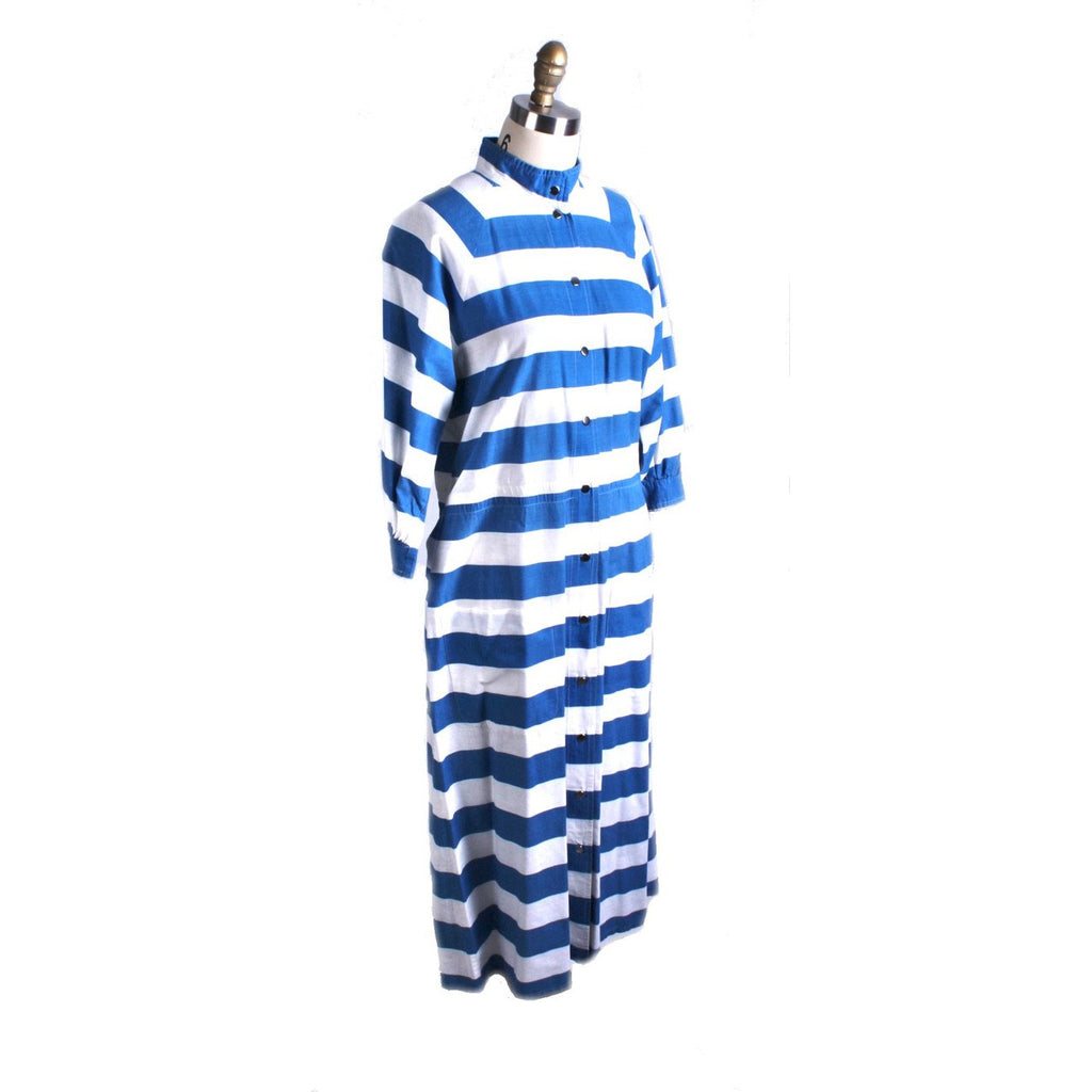 Vintage Vuokko Cotton Dress Blue & White Stripes Womens XS/S Snaps Coat-Dress marimekko The Best Vintage Clothing