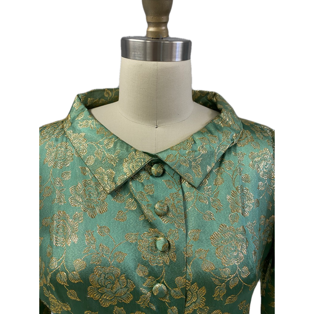 60's FLOBERT Rockabilly Lounge Set Long Robe/Cigarette Pants Green Gold Brocade New Arrivals The Best Vintage Clothing