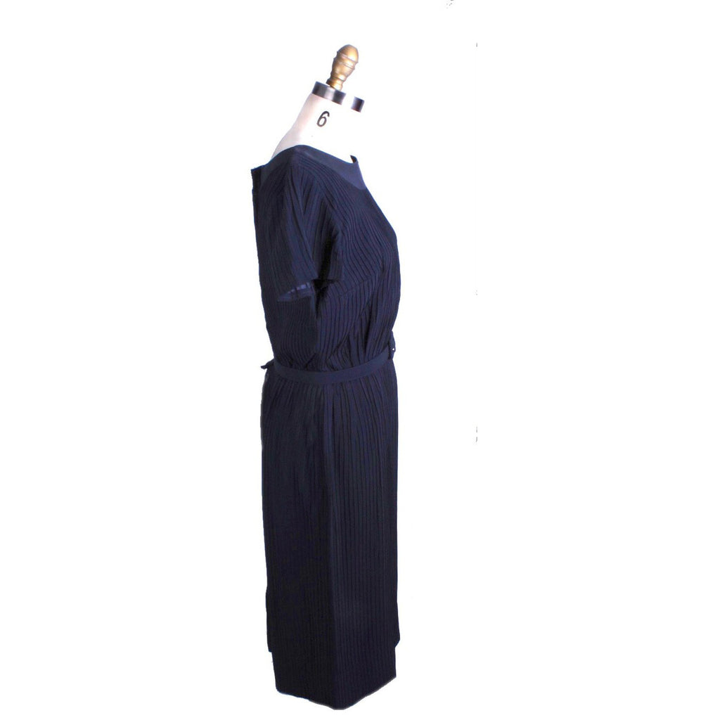 Navy Blue Vintage Day Dress R&K All-Over Pleats 1950s Medium Rayon Wiggle dress The Best Vintage Clothing