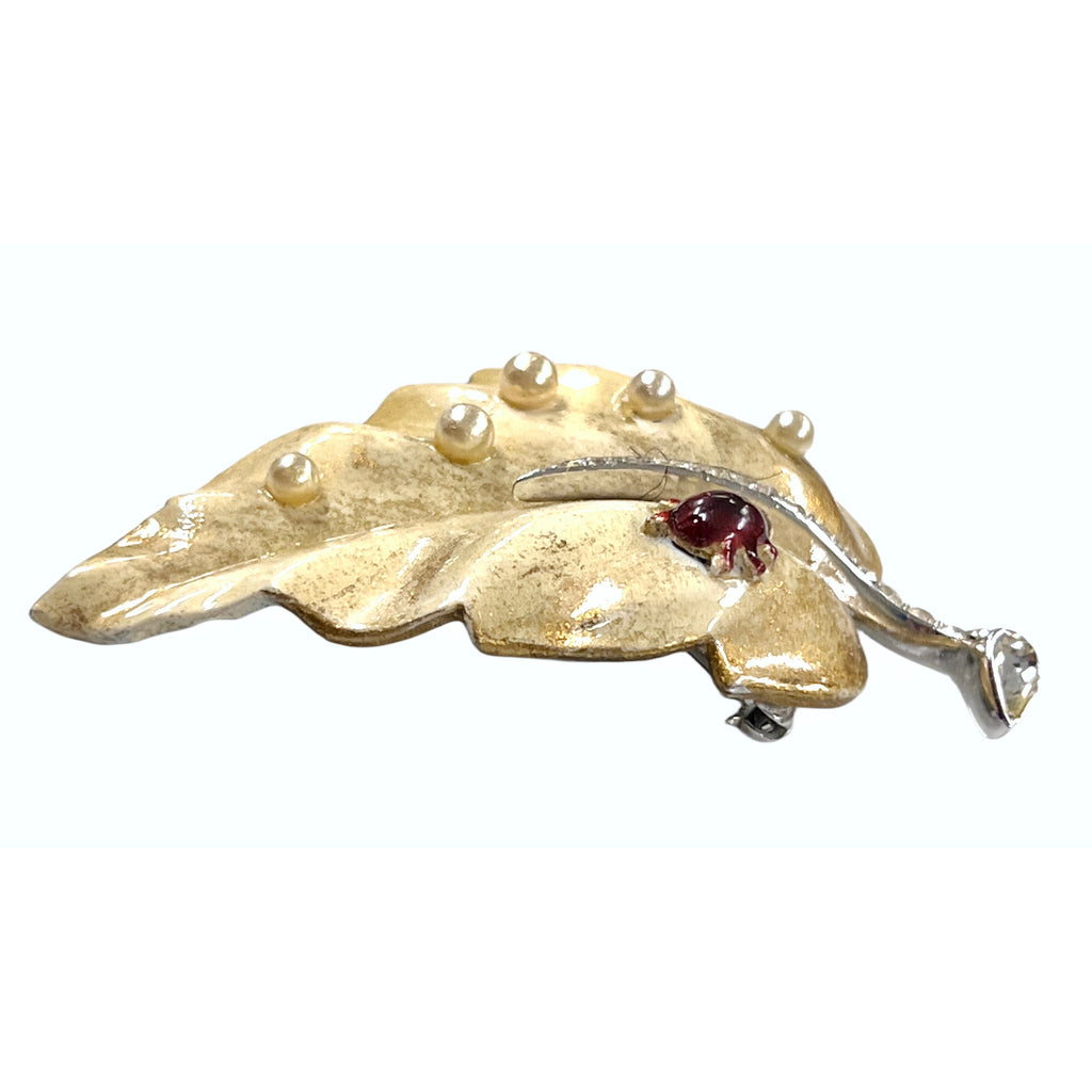 Rare Vintage Signed Alfred Philippe Trifari Leaf Ivory Brooch 1950s w/ Ladybug Cart2cart Trifari
